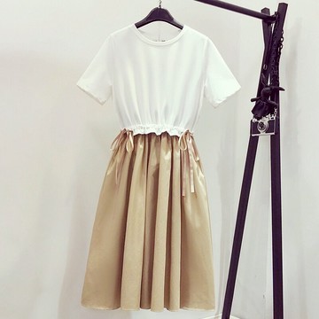 品牌折扣店商場專柜撤柜女裝尾貨清倉夏季遮肉撞色收腰短袖連衣裙