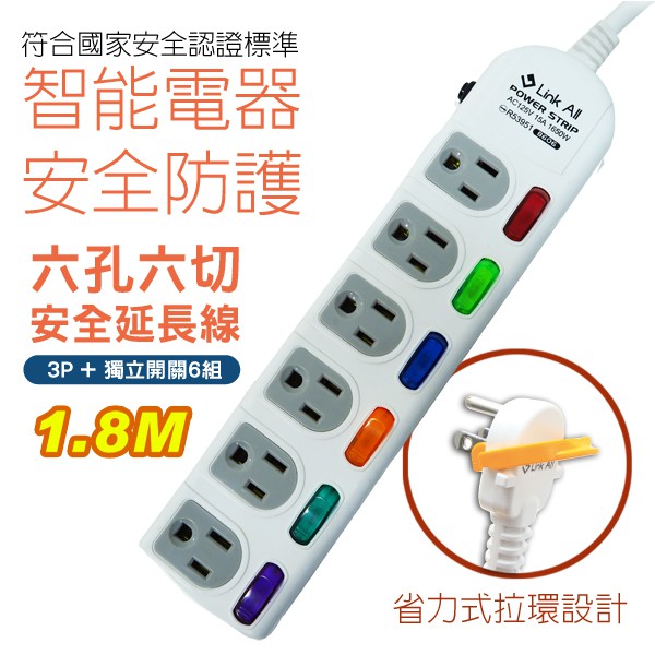 Link All 六開六插防火延長線1.8M 15A 延長線安全獨立開關插座