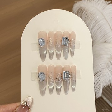 🎀可可精選🎀【淺青蘭】純手工裸色漸變法式貓眼亮片堆堆圓鑽方鑽淺青蘭穿戴甲手工穿戴甲日常穿戴甲顯白美甲片 DDVD