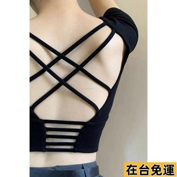 🌱在台出貨🌱 新款夏季帶胸墊運動上衣露背正肩修身短款T恤甜辣妹交叉露腰短袖 學院風 學生上衣 大学T 短袖T恤 休閒