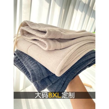 大碼胖MM200斤加肥冬季加絨加厚高腰垂感人字紋仿羊絨毛呢闊腿褲