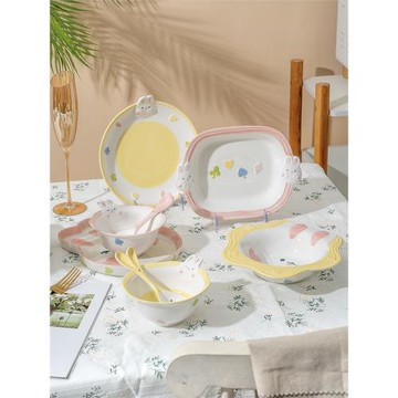 韓風ins可愛童趣小兔少女心奶油色陶瓷盤甜品盤早餐盤碗勺子餐具