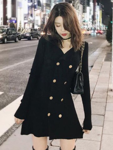 春秋季內搭打底長袖針織連衣裙秋冬法式赫本小黑裙修身顯瘦小個子