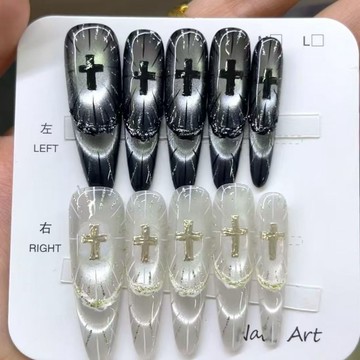 新冬款辣妹十字架潮流手工美甲AB貓眼甜酷暗黑氛圍感聖光神諭穿戴甲假指甲指甲貼片