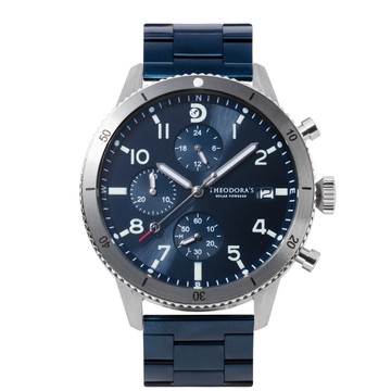 Discovery 探索自然 太陽能夜光潛水三眼腕錶 深海藍-鋼鍊帶深藍