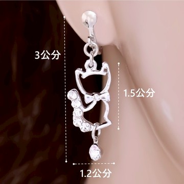 台灣現貨 耳環 長度3公分 耳夾式或針式一對 超可愛迷你小貓咪 貓咪 貓貓 垂墬 水晶鑽 銀色 送禮自用 E122C