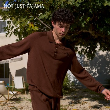 NotJustPajama 小羊真絲羊毛撞色男女同款針織上衣長褲套裝 - 咖啡色（長褲）-M