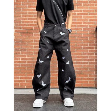 秋季新款休閒百搭寬鬆顯瘦直筒褲男美式復古刺繡寬褲男