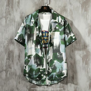 冰絲短袖襯衫男夏季新款大碼潮牌夏威夷沙灘風半袖襯衣外套男