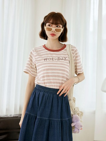 竹節棉條紋字母刺繡短袖上衣