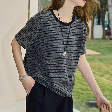 圓領上衣 T恤 上衣 打底衫 短袖衫 洋氣圓領條紋短袖T恤女新款夏季休閒顯瘦寬鬆上衣 日韓服飾 中年媽媽裝 夏季啊麼衣服