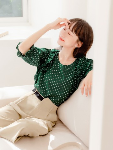 復古圓點印花荷葉造型拋袖上衣