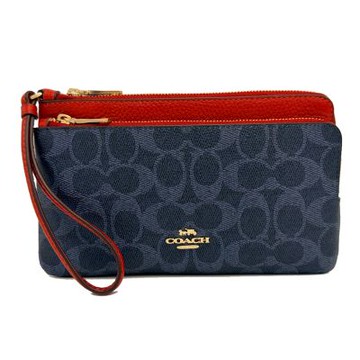 COACH 新款C LOGO雙層大手拿包/零錢包(大款-深藍/紅)