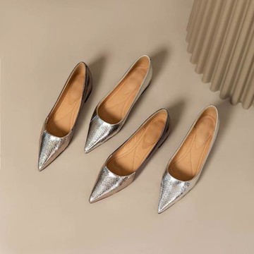 2024春夏新款皮紋尖頭低跟平底鞋淺口四季百搭女鞋銀色氣質單鞋女