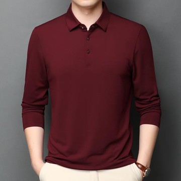 長袖t恤男桑蠶絲翻領男裝衫春秋爸爸中年酒紅色龍年本命年喜慶