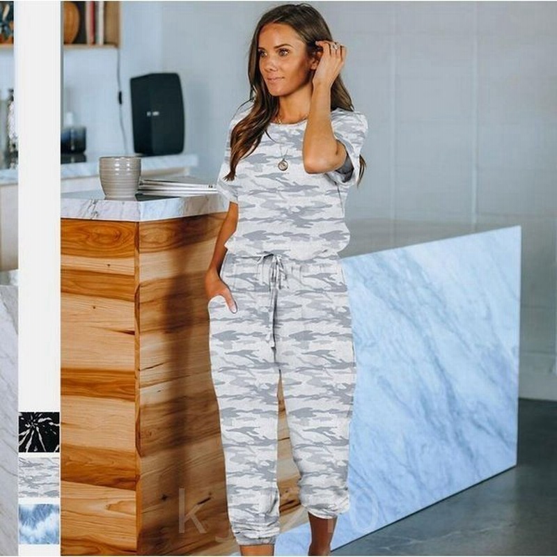 ルームウェアオーバーオールレディースつなぎ部屋着九分丈パンツ半袖寝巻き大きめ迷彩柄欧米風オシャレ冷房対策3色 通販 Lineポイント最大get Lineショッピング
