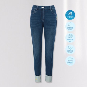 ILEY伊蕾 輕牛仔系列刺繡反摺九分直筒褲(藍色；M-XL)1232338618