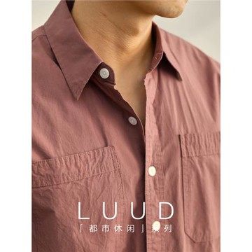 LUUD 時尚潮流暗紅色襯衫男純棉雙口袋設計襯衣立體裁剪翻領短袖