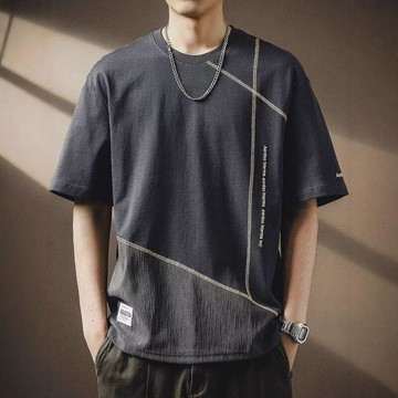 美式復古T恤大碼男裝設計感拼接短袖2026夏新款潮流休閒體恤上衣 日系復古 男短袖t恤 白色上衣 寬鬆 原宿風上衣 圓領