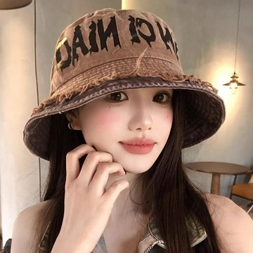 限時特賣做舊字母毛邊牛仔漁夫帽子女大帽檐戶外防曬遮陽帽顯臉小水桶盆帽