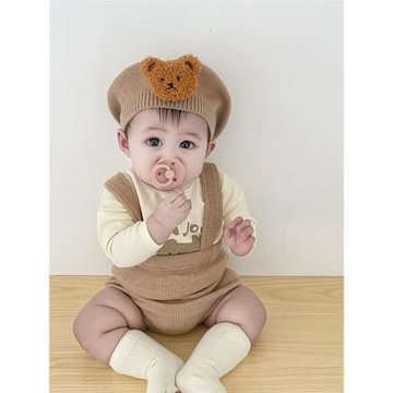 ins韓國嬰兒服套裝百日滿月男寶寶T恤長袖可愛背帶褲哈衣春秋裝