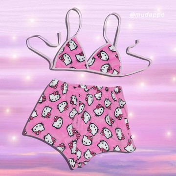 甜美風可愛卡通KT睡衣性感少女文胸背心短褲兩件套y2k休閑居家服