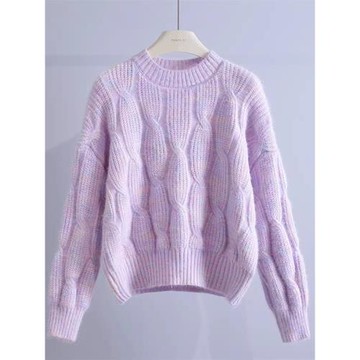 溫柔風圓領麻花毛衣女2024秋冬新款韓系寬松外穿慵懶風套頭針織衫