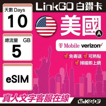 LinkGO白鑽卡  美國A eSIM卡 10天上網卡 總流量5GB  高速流量(美國網卡 舊金山 洛杉磯 紐約 西雅圖)