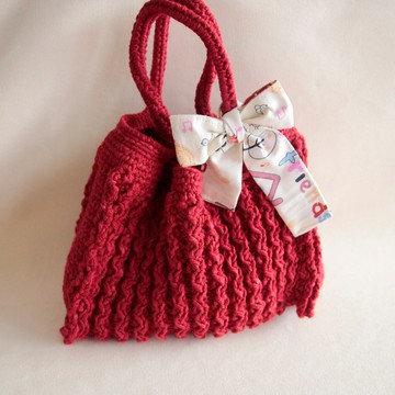 毛質編織包 大紅直條紋 蝴蝶結綁帶 手提包