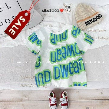 🌈✨mix1001粗字體字母色塊印圖上衣✨兒童滿版螢光字母上衣 5-17