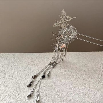 新中式蝴蝶發簪女金屬發叉簪子頭飾后腦勺u型古風高級感發釵流蘇 z803