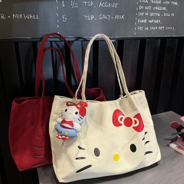 kitty托特包 爆款卡通印花帆布包HelloKitty單肩大容量休閑手提少女通勤托特包