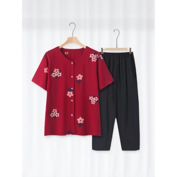 中老年女綿綢上衣服紅色奶奶夏裝扣子媽媽套裝老太太對襟短袖開衫