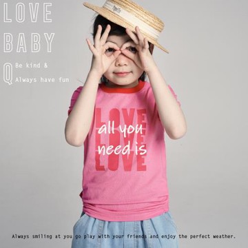 1111大促LBQ原創童裝 撞色時髦深粉LOVE印花修身高彈短袖T恤