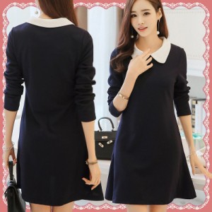 即納 ワンピース レディース フォーマルワンピース 無地ワンピース ミニ ワンピ 長袖 丸首 白襟 清楚 上品 きれいめ シック 通販 Lineポイント最大1 0 Get Lineショッピング