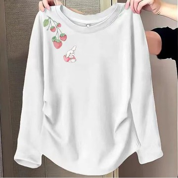 愛依依  長袖T恤 印花上衣 打底內搭衫  M-4XL新款休閒百搭圓弧下襬上衣-11037.