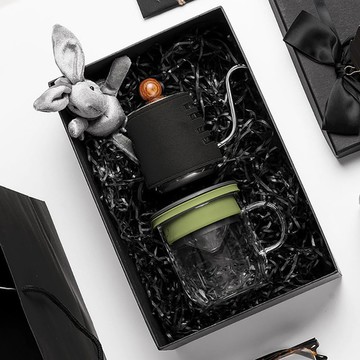 PO:Selected｜丹麥手沖咖啡禮盒組(手沖咖啡壺-黑/咖啡玻璃杯350ml-黑綠)