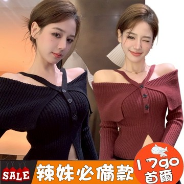 台灣現貨🔥 R59 法式一字肩掛脖長袖針織衫女 秋冬上衣 露肩內搭短版針織衫上衣 一字肩針織衫 針織毛衣 露肩性感針織衫