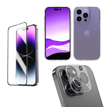 【Apple】iPhone 14 Pro 全機保護三件組 (空壓保護殼+玻璃保護貼+鏡頭貼)