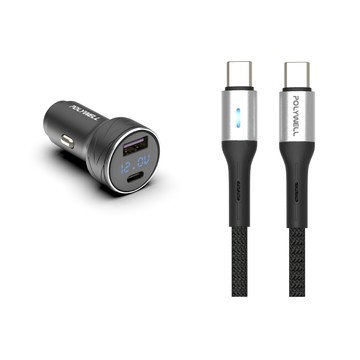 POLYWELL 27W USB/Type-C車充 + Type-C LED快充線 1米