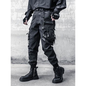 小眾暗黑潮牌機能風飄帶傘兵褲男春秋重工戰術沖鋒褲束腳工裝褲子