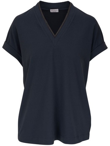 Brunello Cucinelli - Monoli-embellished T-shirt - women - Cotton/Elastane - L - Blue