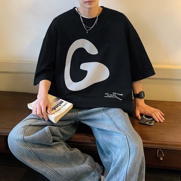 夏季純棉短袖T恤男水洗美式大碼潮流半袖寬松五分袖體恤痞帥上衣