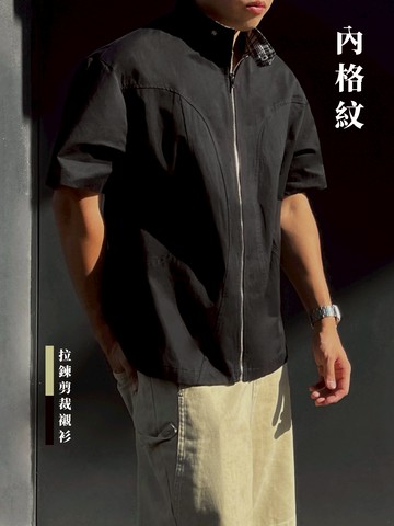 [1atm] 內格紋-拉鍊剪裁襯衫