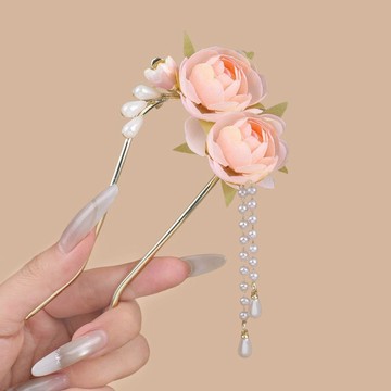甜美 氛圍感 薔薇花 U型 珠珠流蘇 髮簪 搭旗袍 漢服 後腦勺 盤發 國風 簪子