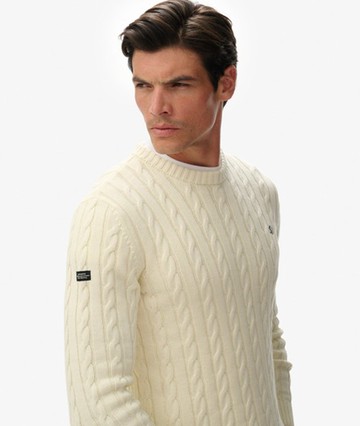 Superdry Men's Cotton Cable Knit Crew Jumper Cream Size: M