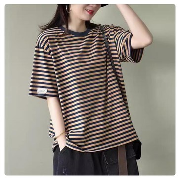 條紋短袖t恤衫女寬松顯瘦夏季休閑百搭大碼半袖上衣【繁星小鎮】