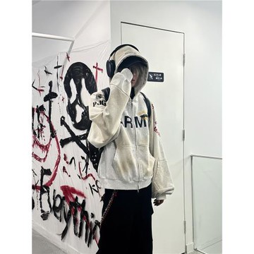 GRAILZ LEARL 重磅假兩件拼接重工純棉水洗做舊拉鏈連帽衛衣外套