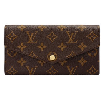 【Louis Vuitton 路易威登】M62234 經典Sarah系列Monogram帆布金釦內裡拚色信封式長夾(紫紅色)