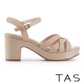 TAS 羊皮交織夏日經典粗高跟涼鞋 裸色 #45312